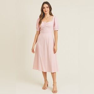 Petal & Pup Light Pink Midi Dress with Puff Sleeves